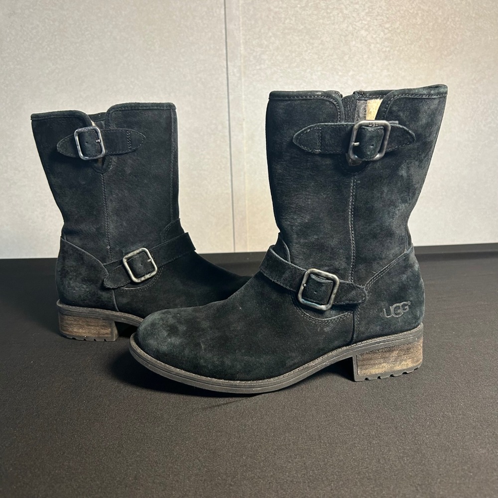 UGG Womens Chaney Black Suede Moto Boots Water Resistant Sheepskin lining buckle